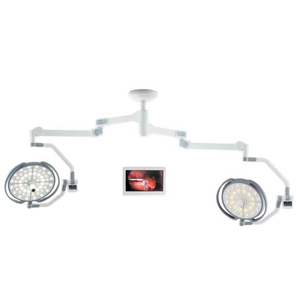 Dual-head surgical lights with camera and wall-mounted 27" medical monitor LD20.24S